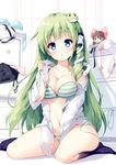  bangs bare_shoulders black_legwear blue_bra blue_eyes bow bra breasts brown_hair character_doll cleavage collarbone eyebrows_visible_through_hair frog_hair_ornament green_bra green_hair green_panties hair_bow hair_ornament hair_tubes hakurei_reimu hand_up indoors kochiya_sanae large_breasts long_hair long_sleeves looking_at_viewer miyase_mahiro navel no_pants off_shoulder panties parted_lips red_bow shirt single_sidelock sitting snake_hair_ornament socks solo stomach striped striped_bra striped_panties thighs touhou underwear white_bra white_shirt 