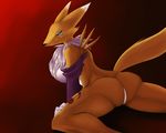  2017 anthro black_sclera blue_eyes breasts butt canine digimon female fur gabrielm hi_res invalid_tag looking_at_viewer mammal renamon simple_background solo white_fur yellow_fur 