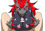  1boy 1girl animal_ears artist_request bar_censor between_breasts blue_eyes breast_hold breast_squeeze breasts censored erection furry hands_up large_breasts long_hair looking_down multicolored_hair nipples nude paizuri penis pokemon pokemon_(creature) pokemon_bw pov precum pubic_hair red_hair shiny_skin simple_background smile two-tone_hair upper_body white_background wolf_ears zoroark 