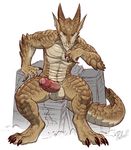  2017 abs anthro balls big_penis brown_scales brutus_(pyronite) claws dragon erection horn invalid_tag looking_at_viewer macro male muscular muscular_male penis rollwulf scales simple_background sitting solo stone uncut vein 