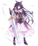  absurdres armor armored_dress black_bow boots bow breasts cleavage date_a_live full_body gloves hair_bow highres long_hair looking_at_viewer medium_breasts neps-l oversized_object parted_lips pauldrons purple_eyes purple_hair shoulder_armor solo standing sword very_long_hair weapon white_background wind yatogami_tooka 