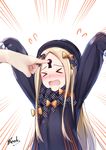  &gt;_&lt; abigail_williams_(fate/grand_order) absurdres arms_up bangs bee_doushi black_bow black_dress black_hat blonde_hair blush bow closed_eyes dress emphasis_lines eyebrows_visible_through_hair fate/grand_order fate_(series) flying_sweatdrops hair_bow hat highres keyhole long_hair long_sleeves looking_at_viewer nose_blush orange_bow out_of_frame parted_bangs polka_dot polka_dot_bow signature sleeves_past_fingers sleeves_past_wrists solo_focus very_long_hair white_background x-ray 