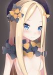  abigail_williams_(fate/grand_order) artist_name bangs black_bow black_hat blonde_hair blue_eyes blush bow breasts brown_background closed_mouth eyebrows_visible_through_hair fate/grand_order fate_(series) hair_bow hair_censor hair_over_breasts hat highres kanz long_hair looking_at_viewer nude orange_bow parted_bangs polka_dot polka_dot_bow simple_background small_breasts smile solo starry_sky_print v-shaped_eyebrows very_long_hair 