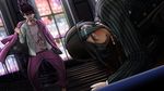  angry beard black_hair clenched_hand crying crying_with_eyes_open danganronpa dutch_angle face_punch facial_hair game_cg goatee hat in_the_face jacket jacket_on_shoulders male_focus momota_kaito multiple_boys new_danganronpa_v3 official_art on_floor open_mouth pants pinstripe_pattern punching purple_eyes purple_hair saihara_shuuichi school_uniform shimadoriru shirt shouting slapping space_print spiked_hair stained_glass stairs standing starry_sky_print striped surprised tears window 