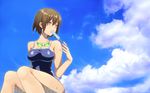  blue_sky breasts brown_hair cleavage cloud cloudy_sky day eyebrows_visible_through_hair food food_in_mouth goggles goggles_around_neck hair_between_eyes highres kurehon_shouya large_breasts mouth_hold new_school_swimsuit one-piece_swimsuit original popsicle school_swimsuit short_hair sitting sky solo strap_gap swimsuit wet wet_hair yellow_eyes 
