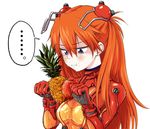  1girl :t apple bad_id bad_pixiv_id bangs blue_eyes blush bodysuit bracer breasts check_commentary closed_mouth commentary commentary_request eating evangelion:_2.0_you_can_(not)_advance eyebrows_visible_through_hair food from_side fruit gloves hair_between_eyes hairpods half-closed_eyes hands_up headgear highres holding holding_pen juice karikari_ume long_hair looking_down multicolored multicolored_bodysuit multicolored_clothes neon_genesis_evangelion orange_bodysuit orange_hair parted_bangs pen pen-pineapple-apple-pen pilot_suit pineapple plugsuit rebuild_of_evangelion red_bodysuit see-through shikinami_asuka_langley shiny shiny_clothes simple_background skin_tight small_breasts solo souryuu_asuka_langley speech_bubble spoken_ellipsis straight_hair test_plugsuit turtleneck two_side_up upper_body white_background 