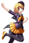  absurdres bad_id bad_pixiv_id black_legwear blonde_hair blue_eyes capelet checkered_cape hat highres kagamine_rin nail_polish pantyhose project_diva_(series) ribbon short_hair smile solo standing standing_on_one_leg striped striped_legwear tsukishiro_saika vertical-striped_legwear vertical_stripes vocaloid white_background yellow_footwear yellow_nails yellow_ribbon 