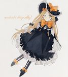  abigail_williams_(fate/grand_order) alternate_costume bangs black_bow black_dress black_footwear black_hat black_legwear blonde_hair blue_eyes bow bug butterfly closed_mouth commentary_request dress dutch_angle fate/grand_order fate_(series) full_body grey_background hair_bow hat hat_bow insect long_hair long_sleeves looking_at_viewer object_hug orange_bow parted_bangs partial_commentary polka_dot polka_dot_bow romaji shoes simple_background sleeves_past_wrists solo stuffed_animal stuffed_toy teddy_bear thighhighs translation_request very_long_hair zhi_ye_(dyed) 
