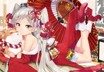  alternate_costume amatsukaze_(kantai_collection) animal bare_legs bare_shoulders black_nails blush breasts cleavage commentary_request dog dress eyebrows eyebrows_visible_through_hair feet_up flower hair_flower hair_ornament hair_ribbon hair_tubes heart high_heels highres japanese_clothes kantai_collection kanzashi kimono legs_up long_hair lying nail_polish nezumidoshi open_mouth oriental_umbrella red_kimono ribbon silver_hair small_breasts smile socks solo strapless strapless_dress tsumami_kanzashi two_side_up umbrella windsock yellow_eyes 