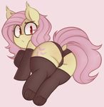  2016 bat_pony butt camel_toe clothing cutie_mark dock eyebrows eyelashes fangs female flutterbat_(mlp) fluttershy_(mlp) friendship_is_magic frown hair legwear looking_at_viewer looking_back lying my_little_pony panties pink_background pink_hair red_eyes simple_background slit_pupils solo stockings toroitimu underwear 