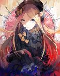  abigail_williams_(fate/grand_order) bangs black_bow black_dress black_hat blonde_hair blue_eyes bow bug butterfly closed_mouth commentary_request dress eyebrows_visible_through_hair ezu_(e104mjd) fate/grand_order fate_(series) hair_bow hat highres insect key long_hair long_sleeves looking_at_viewer orange_bow parted_bangs polka_dot polka_dot_bow sleeves_past_wrists solo v-shaped_eyebrows very_long_hair 