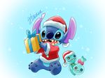  2017 4_fingers 4_toes alien bag bell black_eyes blue_background blue_claws blue_fur blue_nose bow_tie button_eyes christmas claws digital_drawing_(artwork) digital_media_(artwork) disney experiment_(species) fur gift harara hat holding_object holidays inanimate_object lilo_and_stitch notched_ear open_mouth open_smile pink_bow ragdoll santa_hat santa_suit scrump signature simple_background sitting smile stitch toes 