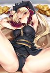  armpits arms_up bangs black_leotard blonde_hair blush breasts cape closed_mouth commentary_request detached_sleeves embarrassed ereshkigal_(fate/grand_order) eyebrows_visible_through_hair fate/grand_order fate_(series) frown gold head_tilt kure_masahiro leotard long_hair long_sleeves looking_at_viewer lying medium_breasts nail_polish on_back parted_bangs purple_cape red_eyes single_detached_sleeve skull solo spread_legs strapless strapless_leotard sweat thighs tiara tsurime very_long_hair 
