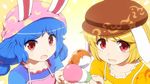  :3 :d :o animal_ears apron bangs blonde_hair blue_dress blue_hair brown_hat bunny_ears commentary_request dango dress ears_through_headwear eyebrows_visible_through_hair food hat highres long_hair looking_at_viewer multiple_girls open_mouth orange_dress red_eyes ringo_(touhou) seiran_(touhou) shirosato short_hair smile touhou twintails v-shaped_eyebrows wagashi 