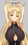  after_paizuri animal_ears armpits arms_up bare_arms bare_shoulders bdsm black_vest blonde_hair bondage bound bound_wrists breasts cleavage_cutout commentary_request cum cum_on_body cum_on_breasts cum_on_clothes cum_on_upper_body eyebrows_visible_through_hair fox_ears grey_background hair_tubes hands_above_head huge_breasts long_hair looking_at_viewer original parted_lips pen_(pen3) red_eyes simple_background solo upper_body very_long_hair vest 