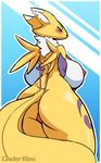  2017 anthro big_breasts black_nose blue_eyes blush breasts butt digimon digital_media_(artwork) female fur hair hi_res looking_at_viewer renamon sajik simple_background solo spreading text thick_thighs two_tones_fur video_games white_fur yellow_fur 