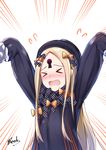  &gt;_&lt; abigail_williams_(fate/grand_order) absurdres arms_up bangs bee_doushi black_bow black_dress black_hat blonde_hair blush bow closed_eyes commentary dress emphasis_lines eyebrows_visible_through_hair facing_viewer fate/grand_order fate_(series) flying_sweatdrops hair_bow hat highres keyhole long_hair long_sleeves nose_blush orange_bow parted_bangs polka_dot polka_dot_bow signature sleeves_past_fingers sleeves_past_wrists solo very_long_hair white_background 