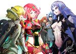  5girls android blonde_hair blue_eyes blue_hair breasts brown_hair commentary_request cyborg earrings elbow_gloves elhaym_van_houten elma_(true_form)_(xenoblade_x) elma_(xenoblade_x) fingerless_gloves fiora_(xenoblade) forehead_protector gloves green_eyes hair_ornament highres jewelry kos-mos large_breasts long_hair mecha-fiora multiple_girls open_mouth orange_hair pantyhose purple_eyes pyra_(xenoblade) red_eyes red_hair short_hair shorts shutwig sidelocks simple_background smile spoilers tiara uniform very_long_hair xenoblade_chronicles_(series) xenoblade_chronicles_1 xenoblade_chronicles_2 xenoblade_chronicles_x xenogears xenosaga 