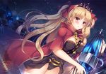  :o bangs black_leotard blonde_hair blush breasts buckle cage cape cowboy_shot dark_background dutch_angle ereshkigal_(fate/grand_order) eyebrows_visible_through_hair fate/grand_order fate_(series) holding lens_flare leotard light_particles long_hair long_sleeves looking_afar medium_breasts parted_bangs parted_lips red_cape red_eyes single_sleeve skull solo standing suzune_rena tareme thighs tiara two_side_up very_long_hair 