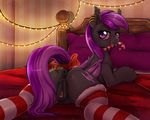  2017 anatomically_correct anatomically_correct_pussy animal_genitalia animal_pussy anus bat_pony bed butt candy candy_cane clitoral_winking clitoris clothing cutie_mark ear_piercing equine equine_pussy evomanaphy fan_character female feral food hair hi_res inside legwear looking_at_viewer mammal mistletoe my_little_pony on_bed piercing pillow plant puffy_anus pussy ribbons solo stockings striped_legwear stripes tail_bow tail_ribbon 