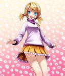  absurdres alternate_costume bad_id bad_pixiv_id blonde_hair blue_eyes from_below gradient gradient_background highres kagamine_rin project_diva_(series) project_diva_f_2nd short_twintails smile solo suki_kirai_(vocaloid) thighs tsukishiro_saika twintails vocaloid yumemiru_panda_(module) 