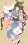  1girl black_hair braid chabashira_tenko cherry_blossom danganronpa green_eyes hairband kimono mole new_danganronpa_v3 ribbon smile solo tied_hair twintails 