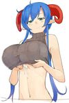  after_paizuri bangs bare_arms bare_shoulders blue_hair breasts brown_sweater clothes_lift commentary_request cum cum_on_body cum_on_breasts cum_on_upper_body cumdrip curled_horns daccubus_(pen) demon_girl demon_horns dress eyebrows_visible_through_hair green_eyes horns hug huge_breasts lifted_by_self long_hair looking_at_viewer navel original pen_(pen3) pointy_ears ribbed_sweater short_hair_with_long_locks simple_background solo succubus sweater sweater_dress sweater_lift upper_body very_long_hair white_background 