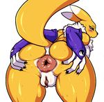  3_fingers anus armwear big_anus black_nose black_sclera blush bridal_gauntlets butt canine clitoris clothing digimon dipstick_ears female fur green_eyes hand_on_butt lollipopcon looking_at_viewer looking_back mammal pink_anus puffy_anus pussy raised_tail renamon spread_butt spreading thick_thighs white_fur wide_hips yellow_fur 