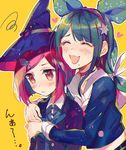  2girls black_hair black_hat blue_shirt blush bow braid chabashira_tenko choker danganronpa duo eyes_closed hair_ornament hairband hairpin hat heart hug jacket long_hair matching_hair/eyes midriff mole multiple_girls new_danganronpa_v3 onko open_mouth red_eyes red_hair ribbon school_uniform shirt short_hair tied_hair twintails uniform vest witch_hat yumeno_himiko 