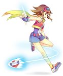  1girl artist_request bare_legs goggles minami_(pokemon) nintendo pokemon pokemon_(game) pokemon_ranger pokemon_ranger_traces_of_light scarf shoes smile solo 