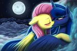  2015 blue_hair blush cloud duo embrace equine eyebrows eyelashes eyes_closed eyeshadow feathered_wings feathers female female/female fluttershy_(mlp) friendship_is_magic hair half-closed_eyes horn kissing lying makeup mammal mascara moon my_little_pony night_sky outside pegasus phenyanyanya pink_hair princess_luna_(mlp) romantic_couple star teal_eyes winged_unicorn wings 