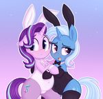  2017 blue_eyes blue_hair bow_tie bunny_costume bunny_ears_(disambiguation) chest_tuft clothing costume cuff_links cutie_mark duo equine eyebrows eyelashes female friendship_is_magic fur hair horn hug legwear mammal multicolored_hair my_little_pony navel open_mouth purple_eyes simple_background slightly_chubby smile starlight_glimmer_(mlp) stockings tongue toroitimu trixie_(mlp) tuft two_tone_hair unicorn 
