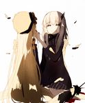  abigail_williams_(fate/grand_order) bags_under_eyes black_bow black_dress black_hat blonde_hair blood blood_from_mouth bow closed_eyes closed_mouth commentary_request dress eeu_(musuka73) facing_away fate/grand_order fate_(series) feathers hat horn lavinia_whateley_(fate/grand_order) long_hair long_sleeves multiple_girls nail_polish orange_bow polka_dot polka_dot_bow red_nails simple_background sitting smile spoilers very_long_hair wariza white_background white_hair 