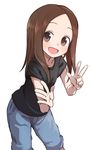  :d \||/ black_shirt brown_eyes brown_hair casual commentary gazacy_(dai) highres karakai_jouzu_no_takagi-san long_hair looking_at_viewer open_mouth shirt shorts simple_background smile solo t-shirt takagi-san w white_background 