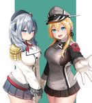  :d anchor_hair_ornament beret black_hat black_ribbon black_skirt blonde_hair blue_eyes breasts buttons epaulettes frilled_sleeves frills gloves green_background hair_ornament hat highres iron_cross jacket kantai_collection kashima_(kantai_collection) kerchief large_breasts long_sleeves low_twintails microskirt military military_hat military_jacket military_uniform miniskirt multiple_girls neckerchief oekakizuki open_mouth peaked_cap pleated_skirt prinz_eugen_(kantai_collection) red_neckwear ribbon silver_hair skirt smile twintails uniform wavy_hair white_gloves white_jacket 