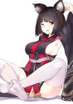  armpits azur_lane bangs bell black_hair black_kimono blunt_bangs blush breasts commentary_request eyebrows_visible_through_hair indian_style japanese_clothes jingle_bell kimono large_breasts looking_at_viewer luse_maonang obi one_eye_closed open_mouth red_eyes sash short_hair sideboob simple_background sitting solo thick_eyebrows thighhighs white_background white_legwear wide_sleeves yamashiro_(azur_lane) 