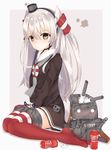  amatsukaze_(kantai_collection) bangs black_choker blush brown_dress brown_eyes choker closed_mouth commentary_request dress eyebrows_visible_through_hair garter_straps grey_neckwear hair_between_eyes hair_tubes highres kantai_collection lifebuoy long_hair looking_at_viewer niruanu_(nitayam) no_shoes nose_blush red_legwear rensouhou-kun sailor_dress see-through short_dress silver_hair sitting thighhighs two_side_up very_long_hair wariza windsock 