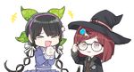  2girls bell bell_collar black_hair black_hat blue_shirt bow braid brown_eyes buttons chabashira_tenko choker danganronpa duo eyes_closed fc hair_ornament hairband hairpin happy hat jacket long_hair midriff miniskirt mole multiple_girls new_danganronpa_v3 open_mouth red_hair ribbon school_uniform shirt short_hair skirt tied_hair twintails uniform vest witch_hat yumeno_himiko 