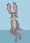  2016 :3 anthro blue_background dipstick_ears disney female flat_chested judy_hopps lagomorph looking_at_viewer mammal navel nude purple_eyes rabbit signature simple_background sitting solo tggeko zootopia 