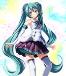  absurdres aqua_eyes aqua_hair bare_shoulders blush contrapposto detached_sleeves feet_out_of_frame frills hair_between_eyes hatsune_miku highres long_hair magical_mirai_(vocaloid) project_diva_(series) smile solo standing thighhighs tsukishiro_saika twintails very_long_hair vocaloid 