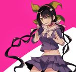  bell bell_choker black_hair bow chabashira_tenko choker danganronpa green_eyes hair_ornament hair_ribbon hairband long_hair minamiya_mia navel new_danganronpa_v3 open_mouth pleated_skirt ribbon school_uniform serafuku skirt solo twintails 