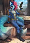  2017 5_fingers anthro blue_fur blue_nose breasts canine clothed clothing curved_horn day demon detailed_background digital_media_(artwork) fallout female fox fur gun hair heterochromia holding_object holding_weapon horn inside mammal pink_hair ranged_weapon sky solo sora_(sorafoxyteils) sorafoxyteils tongue video_games weapon 