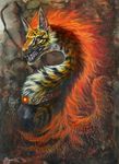  2017 black_nose detailed_background dragon fur furred_dragon hibbary open_mouth orange_eyes solo teeth tongue white_fur yellow_fur 