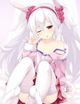 animal_ears arm_support azur_lane bangs bare_shoulders bunny_ears collarbone commentary_request eyebrows_visible_through_hair hair_between_eyes hair_ornament hair_scrunchie hairband head_tilt jacket laffey_(azur_lane) long_hair long_sleeves looking_at_viewer maccha no_shoes off_shoulder one_eye_closed parted_lips pink_jacket pleated_skirt red_eyes red_hairband red_scrunchie red_skirt rubbing_eyes scrunchie sitting skirt solo strapless thighhighs very_long_hair white_hair white_legwear 