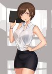  aori_sora bare_shoulders blouse borrowed_character breasts brown_eyes brown_hair buttons collared_shirt commentary earrings eyebrows_visible_through_hair hand_on_hip hand_up highres holding jewelry large_breasts legs_together looking_at_viewer office_lady ol-chan_(norman_maggot) open_mouth original pencil_skirt shirt shirt_tucked_in short_hair simple_background skirt sleeveless_blouse solo standing unfinished_background white_blouse 