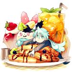  1boy bad_id bad_pixiv_id banana_slice blue_eyes blue_hair blueberry drink drinking_straw food fruit gloves houhou_(black_lack) ice ice_cube julio_(precure) kirakira_precure_a_la_mode kirarin_(precure) lying male_focus miniboy on_stomach plate precure strawberry waffle white_gloves 