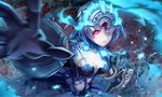  alice_(sinoalice) blue_dress blue_gloves blue_hair blue_skirt breasts commentary_request dark_persona dress gauntlets gloves glowing half-nightmare headpiece hoshizaki_reita looking_at_viewer medium_breasts motion_blur navel one_eye_covered parted_lips pleated_skirt purple_eyes reaching_out short_hair sinoalice skirt solo 