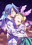  1girl blonde_hair blue_hair brother_and_sister closed_eyes ferea_bimi hairband highres hug kirahoshi_ciel kirakira_precure_a_la_mode kuroki_rio looking_at_viewer pikario_(precure) precure siblings signature smile spoilers sweatdrop vest 