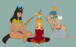  2015 angel animal_humanoid barefoot black_hair blonde_hair blue_eyes blue_hair cat_humanoid choker christmas clothed clothing cosmicminerals egyptian feline female fire flat_chested food gorget group hair halo hip_vent holidays hope_(endertau) humanoid jackal_humanoid lapis_(endertau) long_skirt mammal miniskirt s&#039;more sitting skirt temo_(boneyardscribe) tube_top 