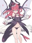  ascot bangs bare_shoulders black_dress black_hat black_panties blade_(galaxist) blush commentary_request curled_horns detached_sleeves dragon_girl dragon_horns dragon_tail dragon_wings dress elizabeth_bathory_(fate) elizabeth_bathory_(fate)_(all) eyebrows_visible_through_hair fang fate/extra fate/extra_ccc fate_(series) fingerless_gloves frills gloves green_eyes hair_between_eyes hair_ribbon hat horns long_hair long_sleeves looking_at_viewer mini_hat navel panties parted_lips purple_ribbon red_hair ribbon simple_background solo tail two_side_up underwear white_background white_gloves white_neckwear wings witch_hat 